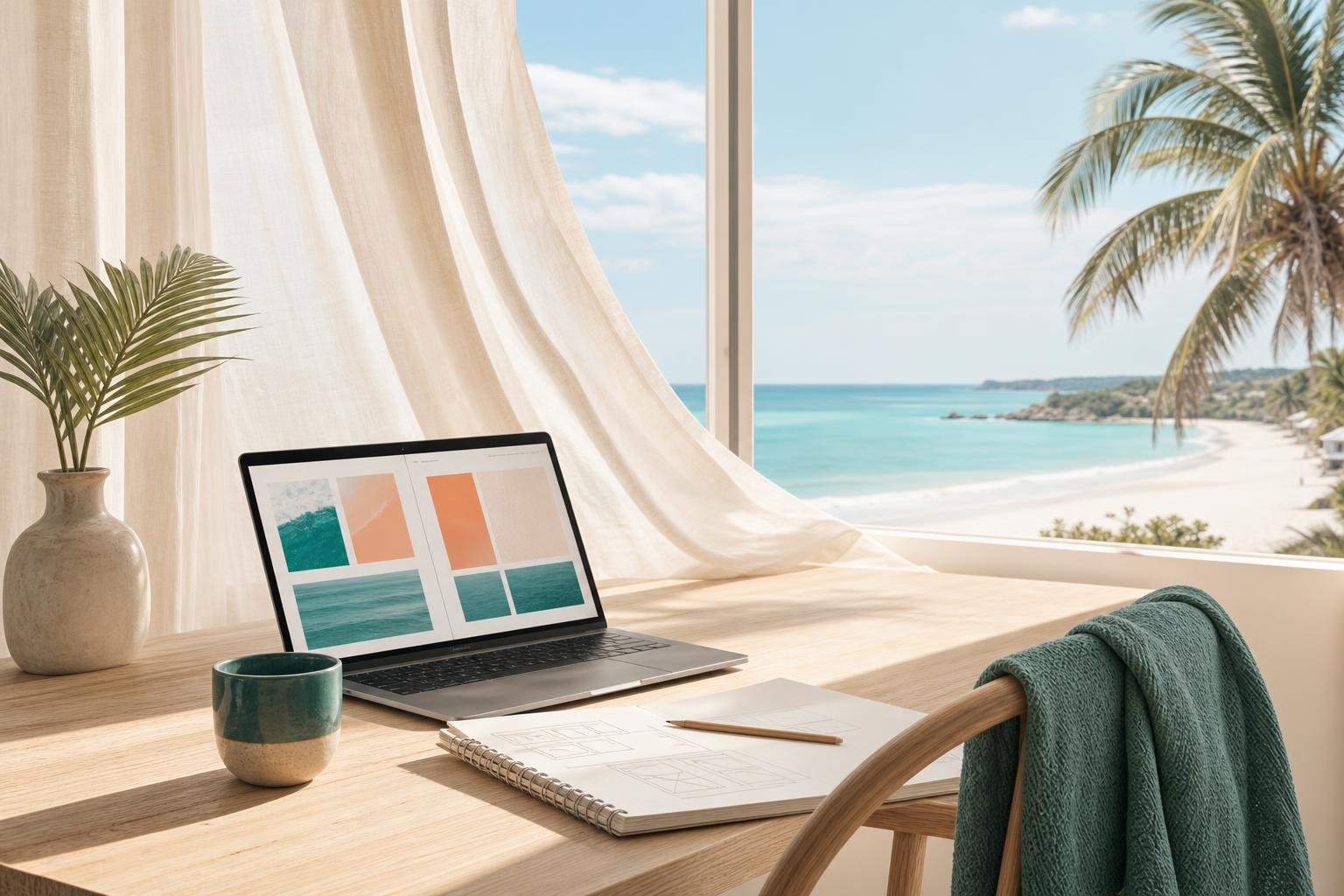 Developer's desk with laptop showing website layouts in soft morning light
