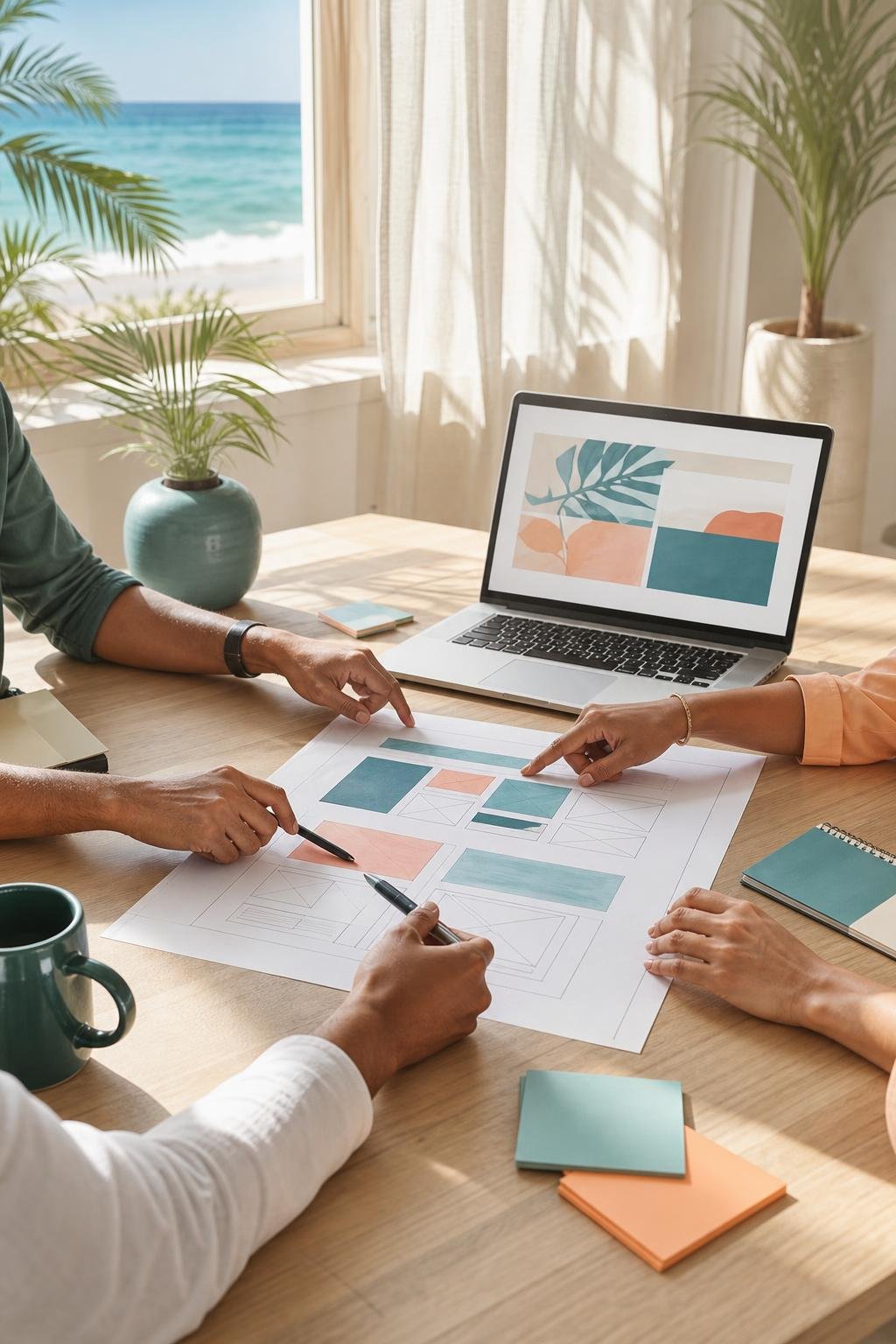 Design and programming team discussing a website wireframe at a table