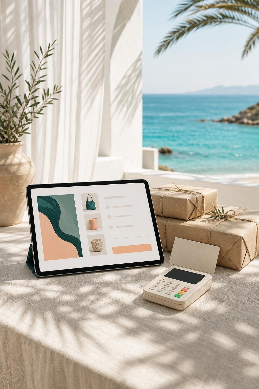 Online shop checkout page on a tablet beside packed parcels