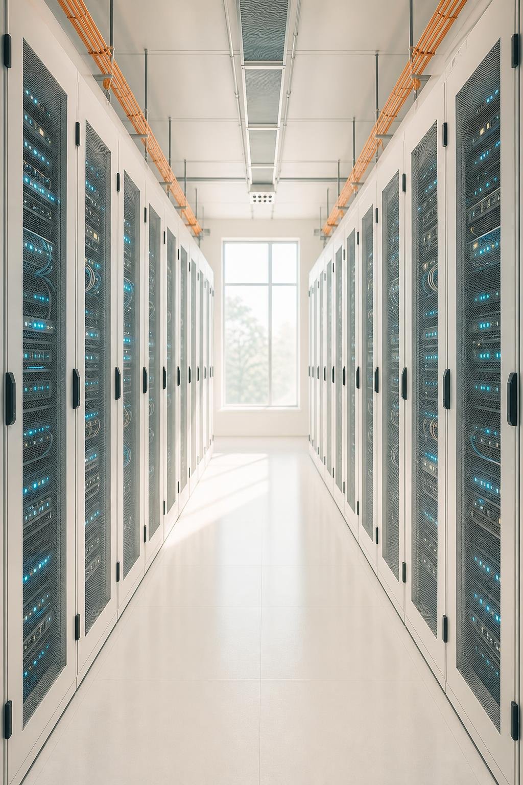 Rows of server racks with soft blue lights
